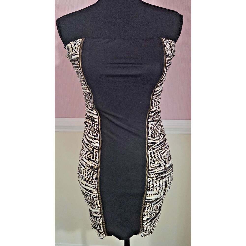 Bebe Bodycon Dress Medium Strapless Black Gold Foil Ruched Zip Front Club Party